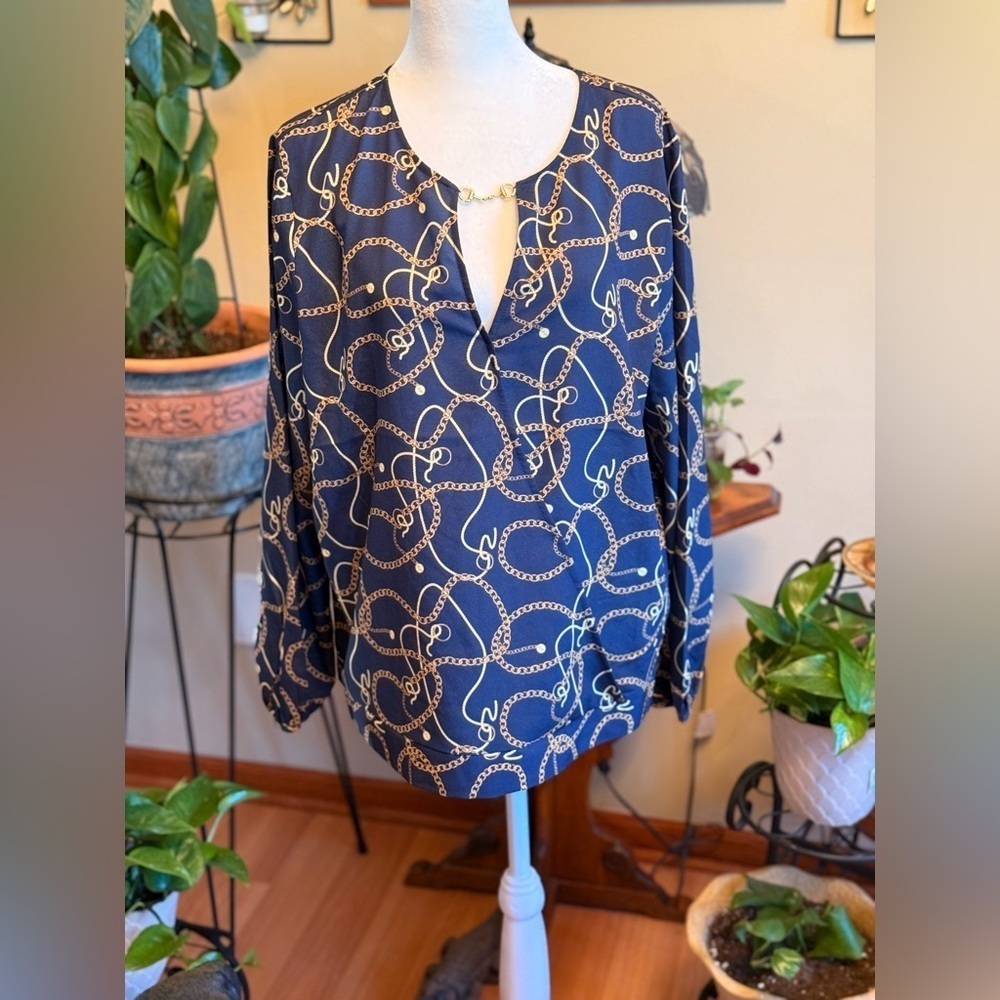 Marc New York Andrew Marc Womens Navy Blouse Large Chain Design Long Sleeves